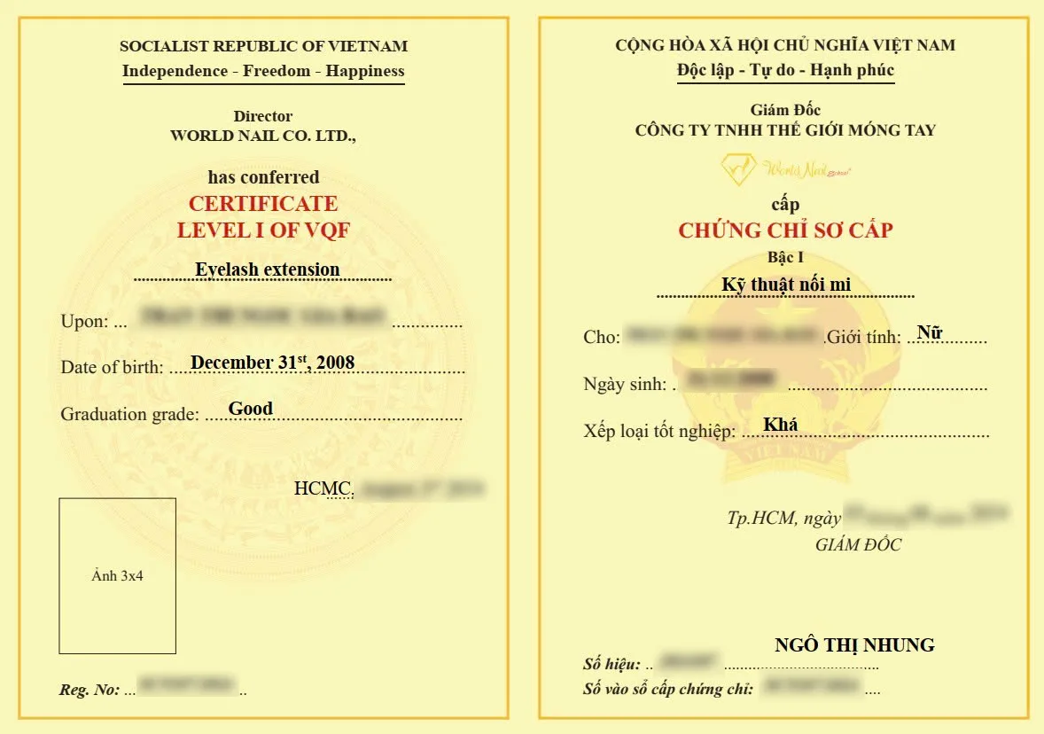 Chứng chỉ được cấp sau khi hoàn thành khóa học nối mi chuyên nghiệp