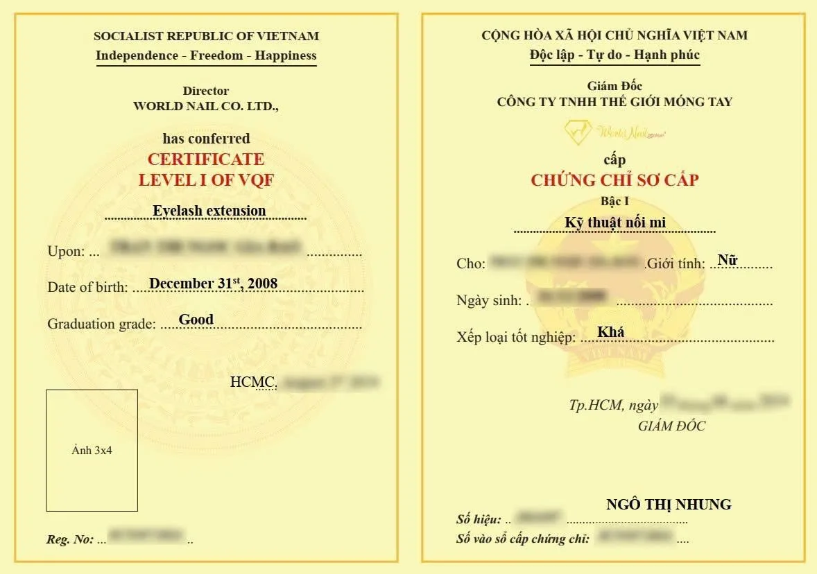 Bằng cấp chứng chỉ sau khi hoàn thành khóa học mi nâng cao