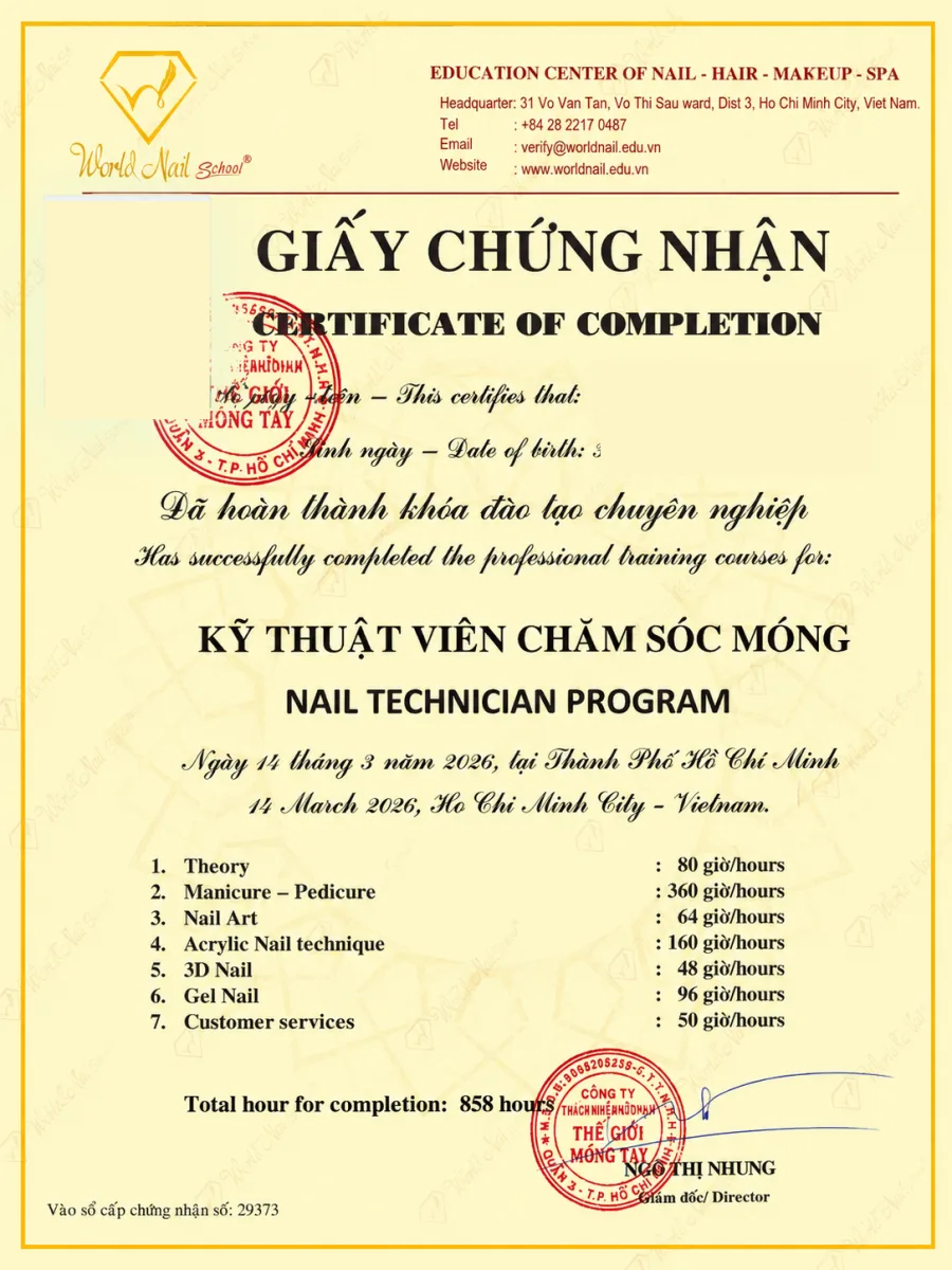 Khóa học Nail Quốc Tế tại World Nail Alphav chứng chỉ sau khi học xong sẽ được cấp