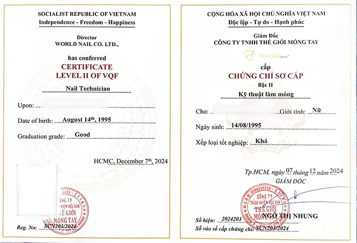 Bằng cấp chứng chỉ sau khi hoàn thành khóa học nghề nail tại World Nail Alpha